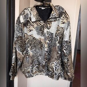 Vintage Fuda International Silk Cheetah Print Full Zip Bomber Jacket Lined XL